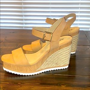 New tan platform wedge sandals